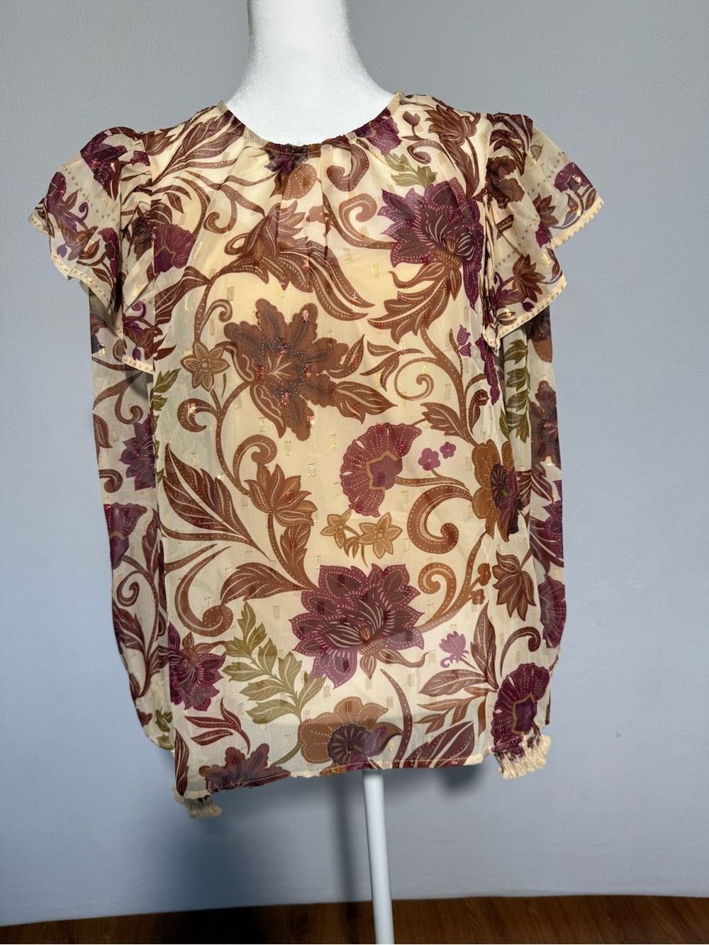 Flying Tomato Sheer Floral Ruffle Sleeve Blouse - Cream, Purple & Brown